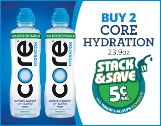 Two bottles of Core Hydration water, 23.9oz each, next to text reading Buy 2 Core Hydration 23.9oz and Stack & Save 5¢/gal with Yesway & Allsup’s Rewards on a blue and white background.