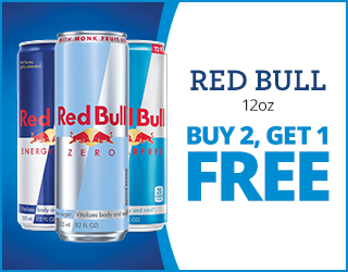 Three 12oz Red Bull cans (Energy, Zero, and Sugarfree) are shown next to a text that reads: “RED BULL 12oz. BUY 2, GET 1 FREE” on a blue and white background.