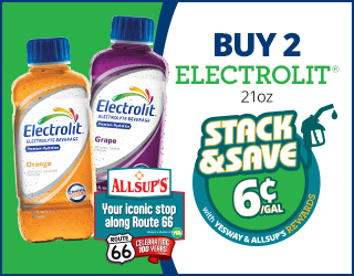 Two bottles of Electrolit drinks (orange and grape) are shown. Text reads: Buy 2 Electrolit 21 oz, Stack & Save 6¢/gal with Yesway & Allsup’s Rewards. Allsup’s and Route 66 logos are also included.