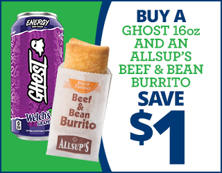 A purple 16oz can of GHOST energy drink and an Allsup’s Beef & Bean Burrito are shown. Text reads: Buy a GHOST 16oz and an Allsup’s Beef & Bean Burrito. Save $1.