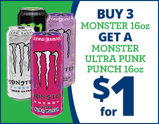 Four Monster Energy drink cans are pictured next to a promotional offer: “Buy 3 Monster 16oz, get a Monster Ultra Punk Punch 16oz for $1.” The featured cans are different flavors and colors, including pink and purple.