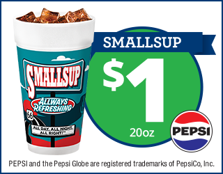 A 20oz cup of Pepsi with ice labeled SMALLSUP is shown next to a green circle with $1 written on it. The Pepsi logo is at the bottom right, and text mentions Pepsi trademarks.