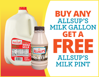 A promotion showing an Allsups milk gallon and a chocolate milk pint. Text reads: Buy any Allsup’s milk gallon, get a free Allsup’s milk pint.
