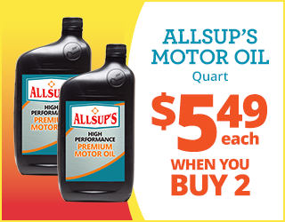 Two bottles of Allsup’s High Performance Premium Motor Oil with text: “Allsup’s Motor Oil Quart $5.49 each when you buy 2.”.