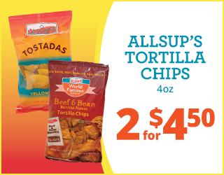 Two bags of Allsup’s tortilla chips, one labeled Tostadas and the other Beef & Bean Burrito Flavor, with a promotion reading 2 for $4.50 and 4 oz on a white and orange background.