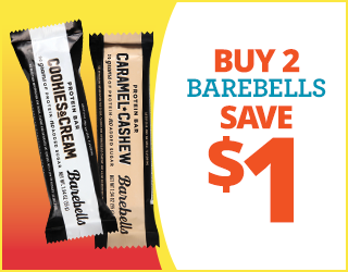 Two Barebells protein bars, Cookies & Cream and Caramel Cashew flavors, next to text that says “BUY 2 BAREBELLS SAVE $1” on a white and yellow background.