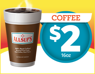 A steaming cup of Allsup’s coffee in a brown cup sits next to a blue and white sign reading “COFFEE $2 16oz” on a yellow background.