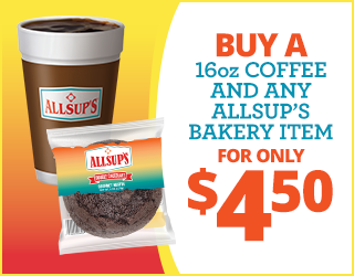 A promotional image showing a 16oz Allsups coffee and a packaged Allsups bakery item with text: Buy a 16oz coffee and any Allsups bakery item for only $4.50.