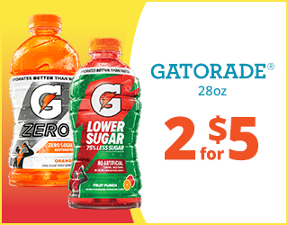 Two 28oz Gatorade bottles—one Gatorade Zero Orange and one Gatorade Lower Sugar Fruit Punch—next to text: Gatorade 28oz, 2 for $5 on a white and orange background.