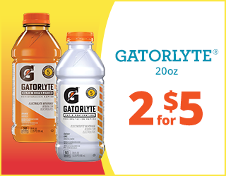 Two 20oz bottles of Gatorlyte, one orange and one clear, next to text that reads “GATORLYTE 20oz 2 for $5” on a yellow and white background.