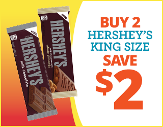 Two Hershey’s King Size chocolate bars on the left, with text on the right that reads: “BUY 2 HERSHEY’S KING SIZE SAVE $2” in blue and orange letters.