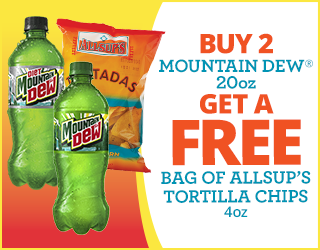 Two 20oz Mountain Dew bottles and a 4oz bag of Allsup’s tortilla chips. Text: Buy 2 Mountain Dew 20oz, get a free bag of Allsup’s tortilla chips 4oz. Yellow and orange background.