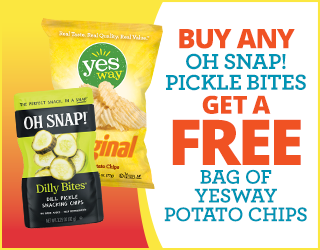 Promotional image showing a bag of Yesway Original potato chips and a pack of Oh Snap! Dilly Bites. Text reads: “Buy any Oh Snap! Pickle Bites, get a free bag of Yesway potato chips.”.