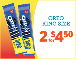 Two Oreo King Size cookie packs are shown next to text that reads: “OREO KING SIZE 2 for $4.50.” The background is yellow and orange with a white section behind the text.