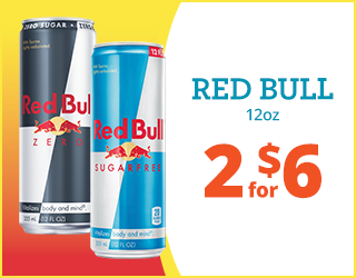 Two cans of Red Bull, one Zero and one Sugarfree, stand side by side on a yellow background. Text next to them reads: Red Bull 12oz, 2 for $6.