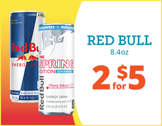 Two 8.4oz cans of Red Bull energy drink—one original and one Sugarfree Spring Edition Cherry Sakura flavor—shown next to a sign reading RED BULL 8.4oz, 2 for $5.