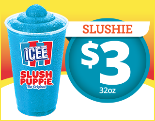 A 32oz blue ICEE Slush Puppie slushie in a clear cup next to a sign that says SLUSHIE $3 32oz on a yellow and blue background.