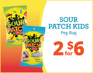 Two bags of Sour Patch Kids candy, one original and one tropical flavor, next to text reading Sour Patch Kids Peg Bag 2 for $6 on a yellow and orange background.