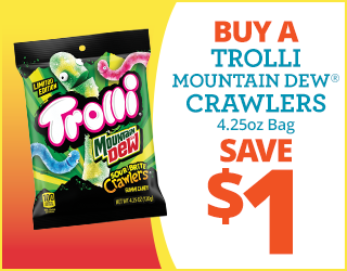 A promotional ad for Trolli Mountain Dew Crawlers, showing a 4.25oz bag of the gummy candy with a $1 off offer in bold text. The ad features bright yellow and orange accents.