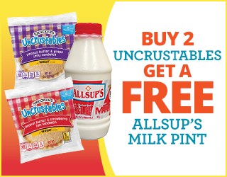 Promo image shows two flavors of Uncrustables sandwiches and an Allsups milk pint. Text reads: Buy 2 Uncrustables Get a Free Allsup’s Milk Pint.