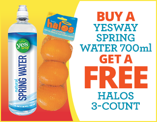Promotional image showing a 700ml Yesway Spring Water bottle and a 3-count bag of Halos mandarins. Text reads: Buy a Yesway Spring Water 700ml, get a free Halos 3-count.