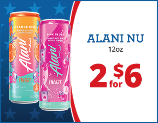 Two 12oz Alani Nu energy drink cans, one orange and one pink, next to a sign reading “ALANI NU 12oz, 2 for $6” with a blue star background.