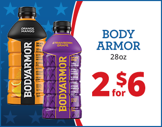 Two 28oz BODYARMOR sports drink bottles, one orange mango and one strawberry grape flavor, next to text reading “BODY ARMOR 28oz 2 for $6” on a red, white, and blue star-patterned background.