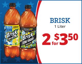 Two 1-liter bottles of Brisk iced tea, one Half & Half and one Zero Sugar Lemon, with a blue and red promotional sign reading “BRISK 1 Liter 2 for $3.50” on a star-patterned background.
