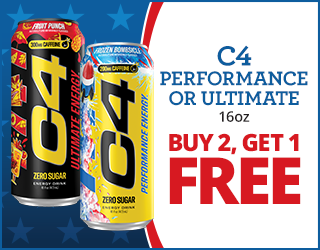 Two 16oz cans of C4 energy drink, one Fruit Punch flavor and one Frozen Bombsicle flavor, next to a promotion that reads: C4 Performance or Ultimate 16oz Buy 2, Get 1 Free.