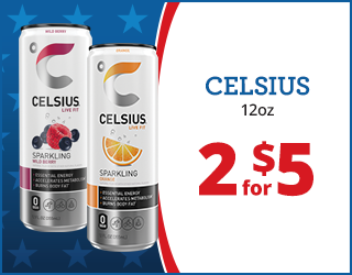 Two cans of Celsius sparkling energy drink, one wild berry and one orange flavor, beside text reading CELSIUS 12oz, 2 for $5 on a blue patterned background.