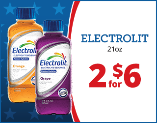 Two 21oz bottles of Electrolit electrolyte beverage, one orange and one grape flavor, next to text reading “ELECTROLIT 21oz 2 for $6” on a red, white, and blue background with stars.