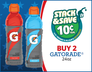 Two 24oz Gatorade bottles, one red (Fruit Punch) and one blue (Cool Blue), are shown with a Stack & Save 10¢/gal offer and text: Buy 2 Gatorade 24oz on a blue and red background.