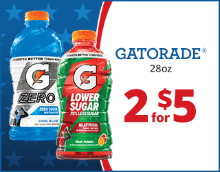 Two 28oz Gatorade bottles—one blue (Zero, Cool Blue flavor) and one red (Lower Sugar, Fruit Punch flavor)—with text: “Gatorade 28oz, 2 for $5.” Blue star background and red border.