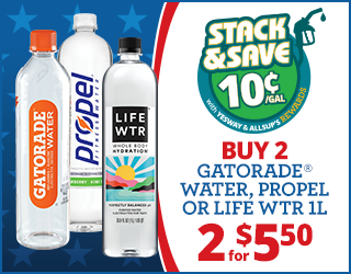 Three 1-liter water bottles (Gatorade Water, Propel, and LIFEWTR) next to a promo: Buy 2 Gatorade Water, Propel or LIFE WTR 1L, 2 for $5.50, Stack & Save 10¢/gal with rewards. Blue background with stars.