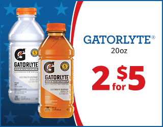 Two bottles of Gatorlyte, one clear and one orange, next to text reading “GATORLYTE 20oz 2 for $5” on a background with blue stars.