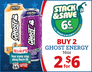 Two cans of Ghost Energy drink, one orange and one purple, next to an offer sign: STACK & SAVE 6¢/gal with Yesway & Allsup’s Rewards. Buy 2 Ghost Energy 16oz, 2 for $6. Allsup’s logo is also shown.