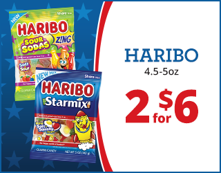 Two bags of HARIBO candy, Sour Sodas and Starmix, are shown next to a sign reading HARIBO 4.5–5oz, 2 for $6 on a background with blue stars.