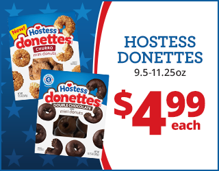 Image showing two boxes of Hostess Donettes mini donuts (Churro and Double Chocolate flavors) with text: “Hostess Donettes 9.5-11.25oz $4.99 each” on a blue and red background with stars.
