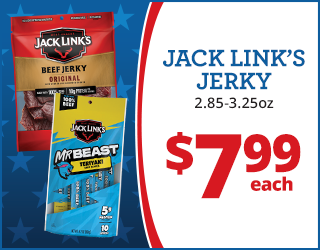 Two packages of Jack Link’s jerky (Original Beef Jerky and MrBeast Teriyaki) next to text advertising Jack Link’s Jerky 2.85–3.25 oz for $7.99 each on a blue star background.