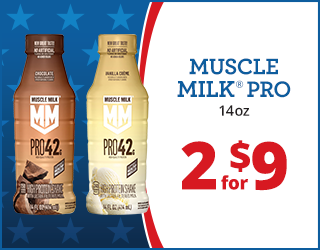 Two bottles of Muscle Milk Pro 14oz protein shakes, one chocolate and one vanilla, are shown next to text that reads MUSCLE MILK PRO 14oz 2 for $9 on a blue and white star-themed background.