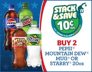 Four 20oz soda bottles (Pepsi, Mountain Dew, Mug Root Beer, and Starry) on a blue background with text: Stack & Save 10¢/gal. Buy 2 Pepsi, Mountain Dew, Mug, or Starry 20oz. Promo details for Yesway & Allsup’s Rewards.
