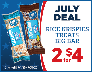 Two Rice Krispies Treats Homestyle Big Bars are displayed next to text reading July Deal: Rice Krispies Treats Big Bar 2 for $4. Offer valid 7/1/26 to 7/31/26 on a blue and white background.
