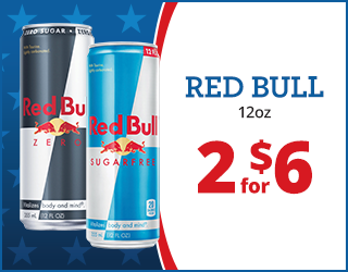 Two 12oz Red Bull cans (Zero and Sugarfree) are shown next to text: RED BULL 12oz, 2 for $6 on a red, white, and blue background with star patterns.