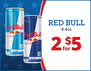 Two 8.4 oz Red Bull cans, one Sugarfree and one Energy Drink, next to promo text: “Red Bull 8.4oz 2 for $5” on a red, white, and blue background.