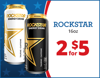 Two 16oz cans of Rockstar Energy Drink, one white and one black, are shown next to text advertising “ROCKSTAR 16oz 2 for $5” on a star-themed background.