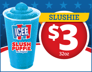 Blue ICEE Slush Puppie slushie in a clear cup next to a sign reading SLUSHIE $3 32oz on a blue background with stars.