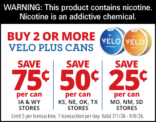 Promotional ad for VELO nicotine cans: Buy 2 or more VELO Plus cans with savings of 75¢, 50¢, or 25¢ depending on location. Warning at top: This product contains nicotine. Nicotine is an addictive chemical.