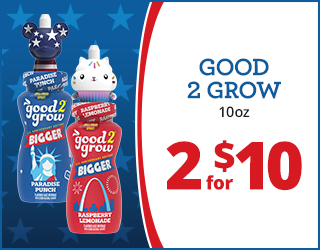 Two Good2Grow 10oz juice bottles with character tops, Paradise Punch and Raspberry Lemonade flavors, next to a sign that says 2 for $10 in large red text on a white background with blue stars.