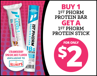 Buy 1 1st Phorm protein bar, get a 1st Phorm protein stick for $2. Strawberry Smashcake flavor, exclusive to Allsups. Image shows both products and promotional text on a pink and white background.