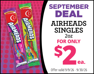 Two Airheads Xtremes candy packages on a pink background. Text: September Deal. Airheads Singles 2oz for only $2 ea. Offer valid 9/9/26 - 9/30/26..